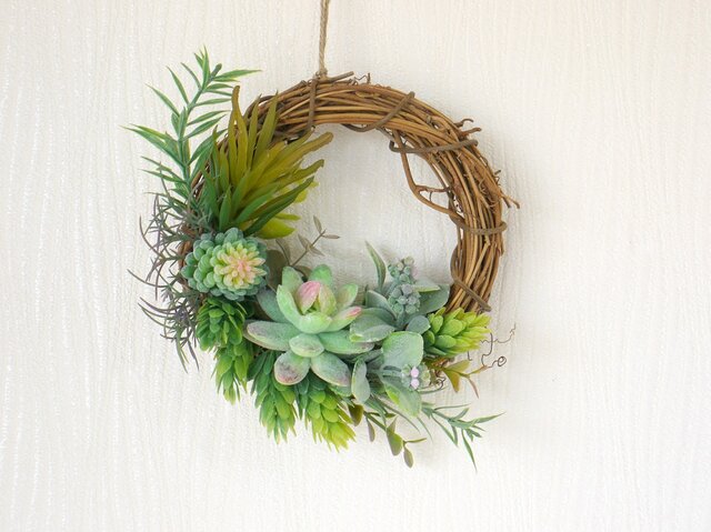 光触媒加工/ライムグリーン調/たっぷりローズ/ボリュームリース（1点物） ぷにぷに多肉植物 ウォールグリーンリース フェイクグリーン 光触媒