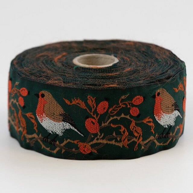 ドイツKafka社 ジャカードリボン50cm ヨーロッパコマドリ ダークグリーン 鳥 バード 駒鳥 R-0567