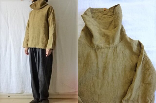 【受注制作】黄土色/天日干し40リネン ゆるり長袖オフタートルプルの画像1枚目