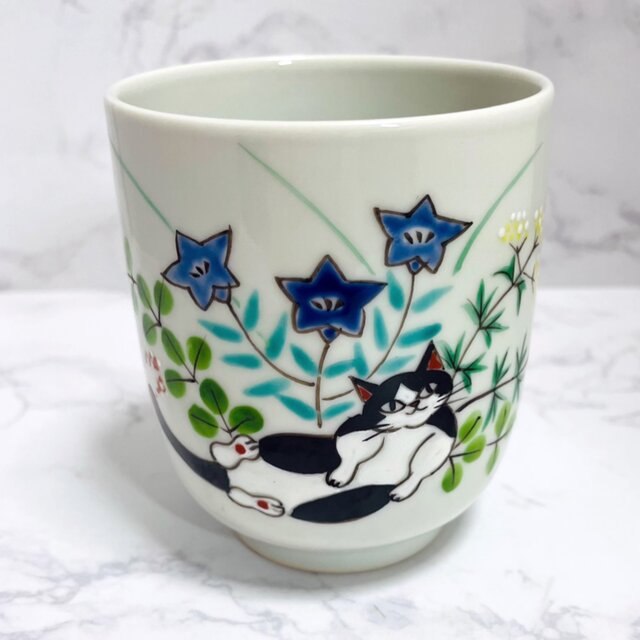 京焼　秋草と猫　湯呑み