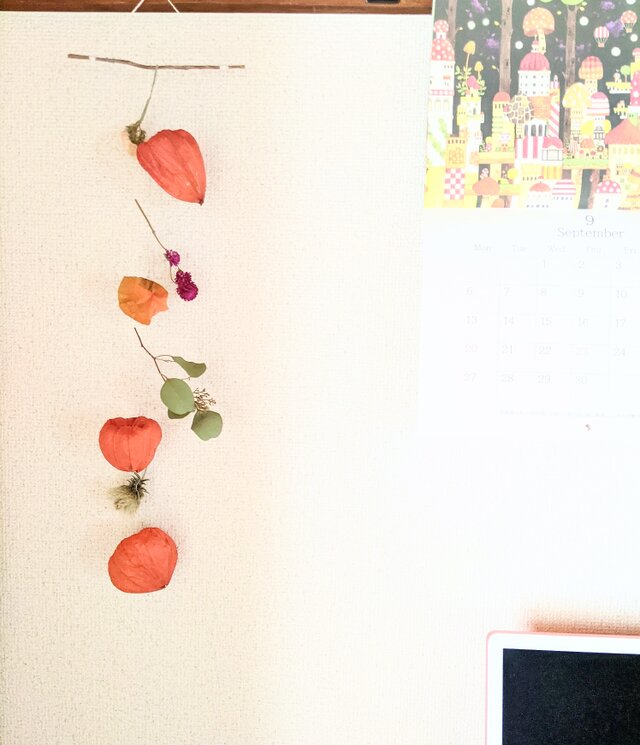 ほおずきとユーカリ、センニチコウの秋のドライフラワー・モビール！