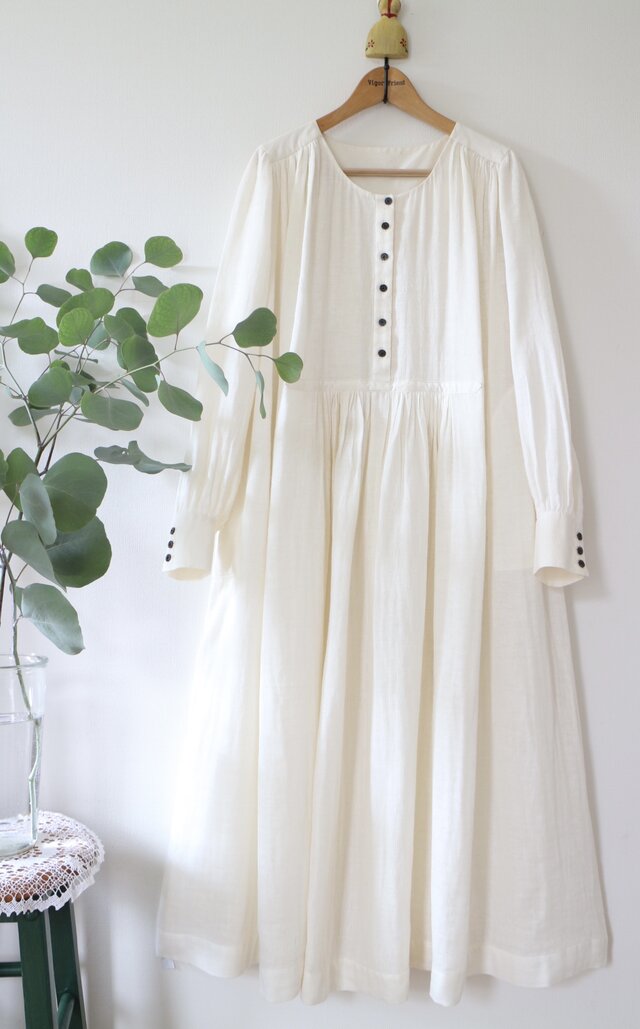 秋★リネンダブルガーゼ ギャザーワンピース ★