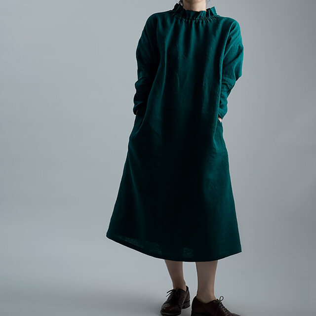 【wafu 入門編】数量限定!Linen Dress シャーリングハイネック ドレス/ビリジアン a008f-vrj2の画像1枚目