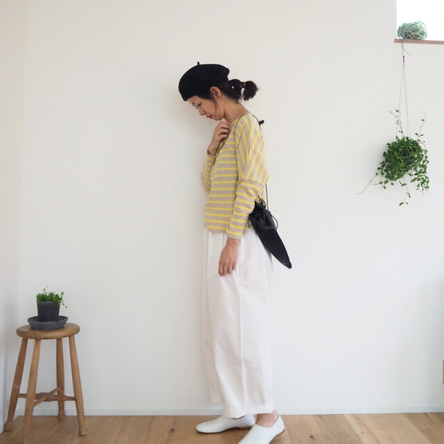 Cotton/Linen border wide cut-sew BEIGE×YELLOWの画像1枚目