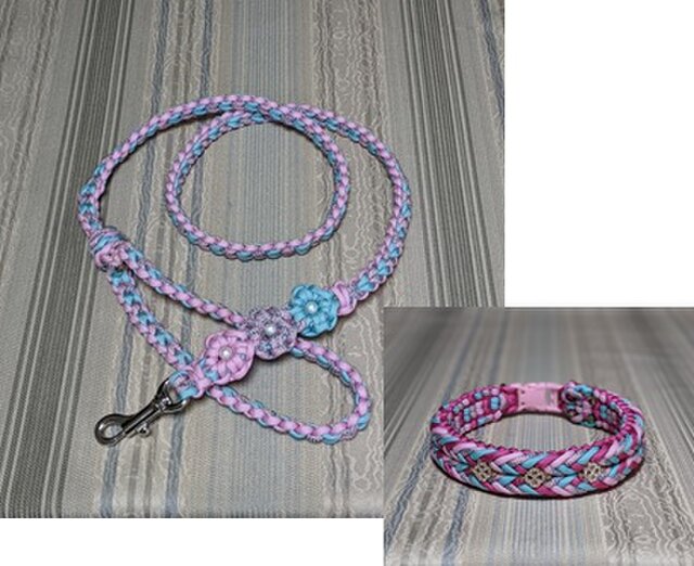 花のモチーフが可愛いハート編みリード 中型、大型犬用 (全長120cm  