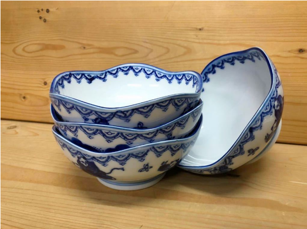 新品】鍋島製 染付唐子図多様盛鉢 4個セット 約15cm×高さ約6.8cm