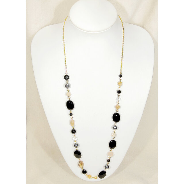 オニキス、水晶などのロングネックレス（88-80.5cm、7.5cmアジャスター、クォーツ、4月の誕生石、天然石）