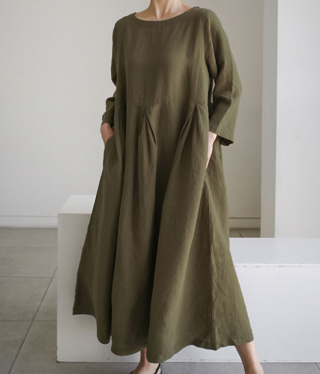 【送料無料♪初秋 シンプルなラウンドネックワンピース  ゆったりカジュアルなロングドレス
