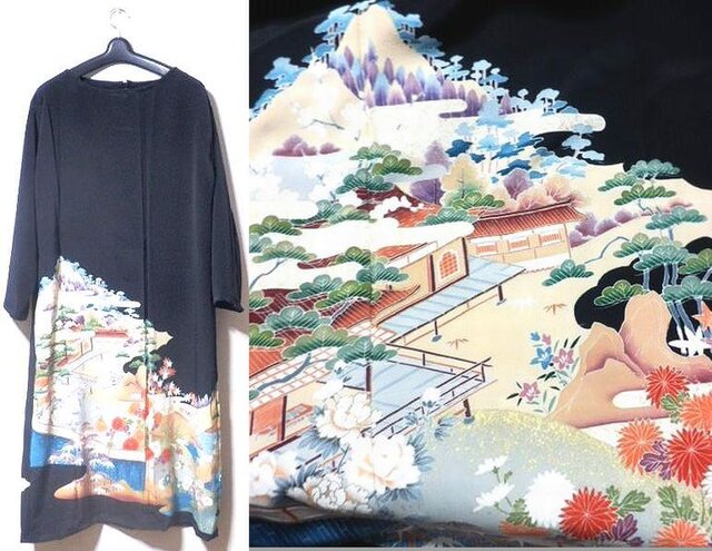 留袖リメイク 友禅 風景文様留袖ワンピース ハンドメイド 作家物 落款付き ストール付き 留袖ワンピース Iichi ハンドメイド クラフト作品 手仕事品の通販