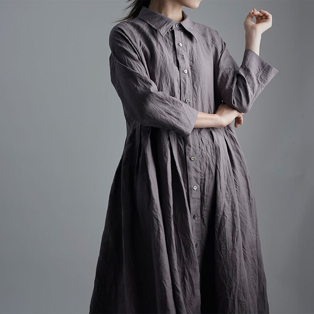 【wafu】Linen Dress 超高密度リネン ワンピース / 茶鼠(ちゃねずみ) a013j-cnz1の画像1枚目