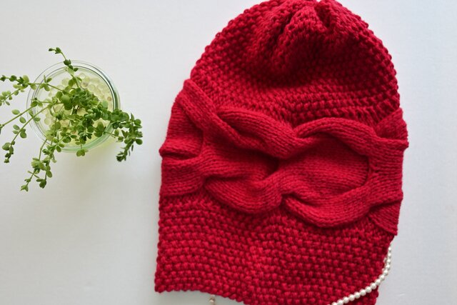 手編み ウール ニットキャップ ニット帽 アラン模様 レッド 赤 | iichi