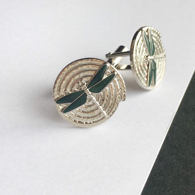 1051  カフスボタン 赤十字  安藤七寶店  七宝 とんぼ 【翠 Green】七宝焼のカフスボタン カフリンクス 丹銅