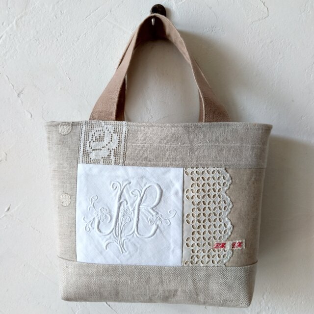アンティーク*手刺繍*モノグラム*リネン*リバティ*トートバッグ