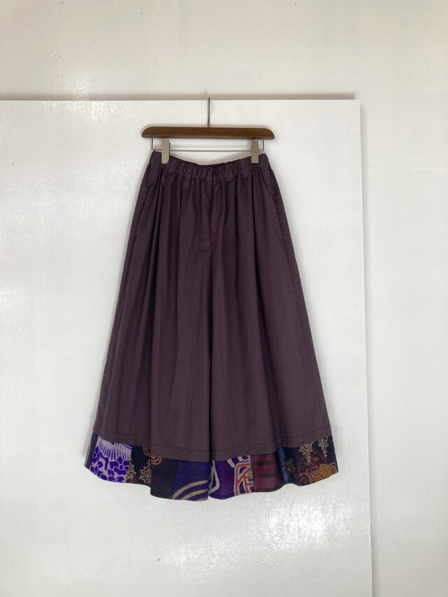 「新ガウチョパンツ」播州織×銘仙パッチワーク【紫】２３銘仙リメイク きもの 古布 ワイドパンツ
