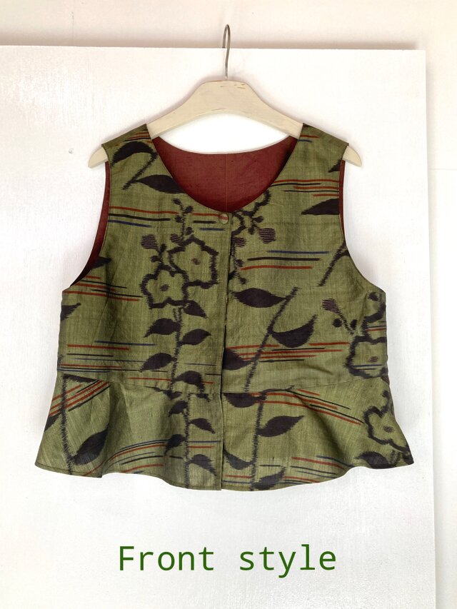 銘仙ペプラムベスト撫子【№6】　リバーシブル　フリーサイズ　くるみボタン