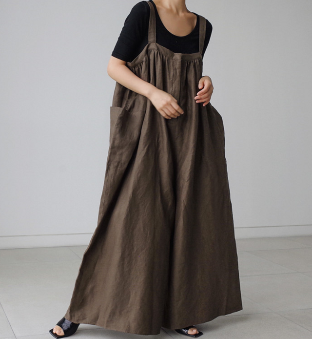 送料無料♪初秋 ワイドレッグジャンプスーツ 綿とリネンのサスペンダー ゆったりオーバーオール