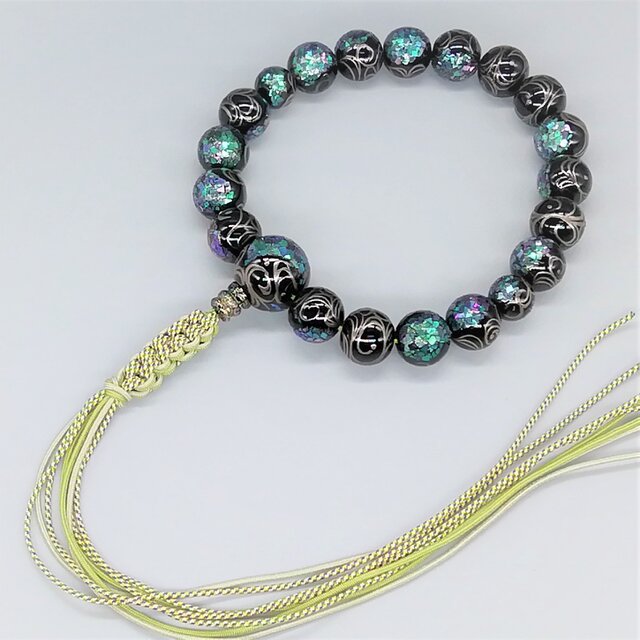 銀蒔絵と螺鈿漆塗り念珠（男性用）１８玉サイズ