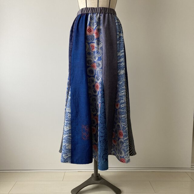 着物パッチワークスカート　ブルー