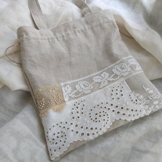 アンティークレース*リネン*トートバッグ*巾着*b | iichi 日々の暮らし