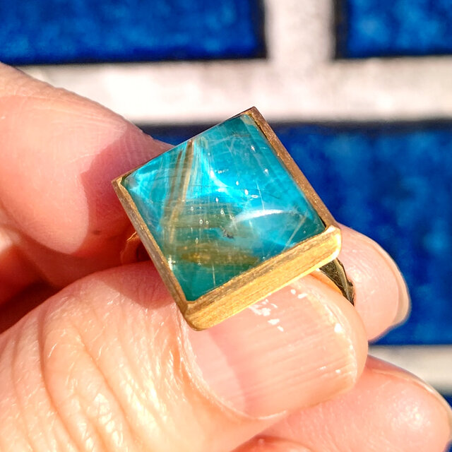ルチルクォーツ×ターコイズ 　スクエアカボション  シルバーSV925リング