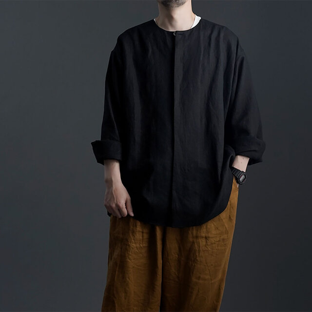 wafu】Oversized Linen shirt 比翼ビックシャツ 男女兼用 / 黒色 t021e