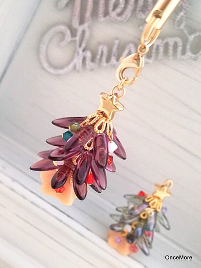 【現品限り】クリスマスツリーの根付けストラップ（パープル）