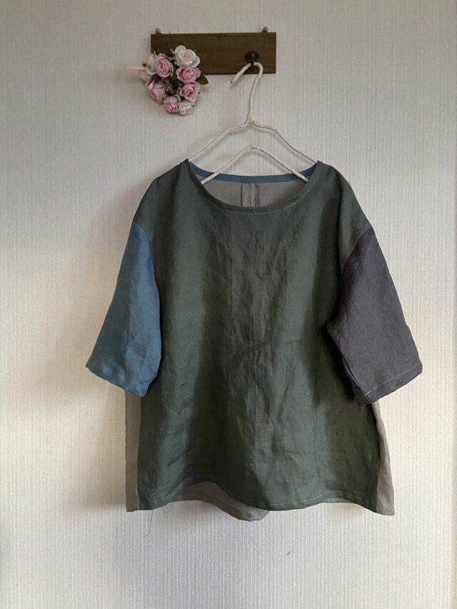 リネンの切り替えの肩落ちプルオーバー