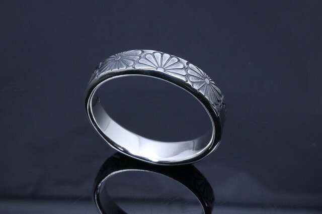 (B100201) K18 YG 平打ち 和柄 リング 指輪 約13-14号 指輪 メンズ : 乱菊 菊紋 平打ち シルバー リング 5mm幅 14～27