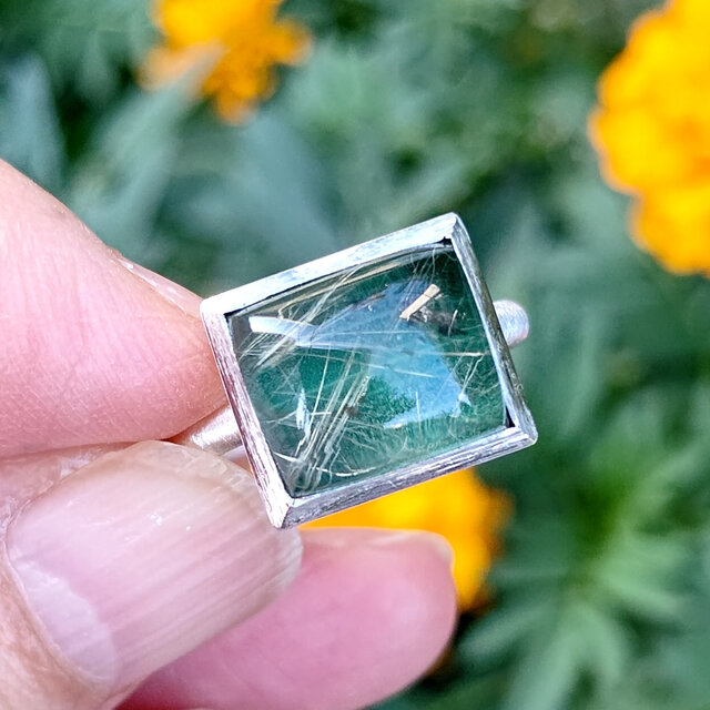 ルチルクォーツ×マラカイト　ロングスクエアカボション　シルバーSV925リング