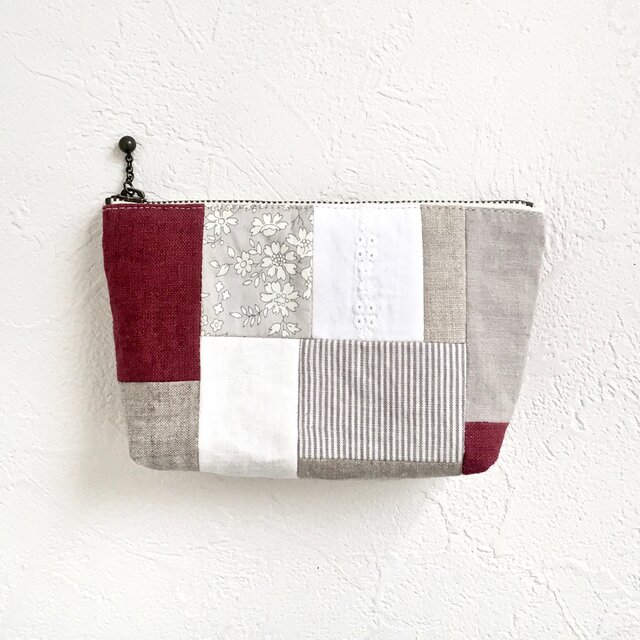 赤のリネンとリバティのパッチポーチ8
