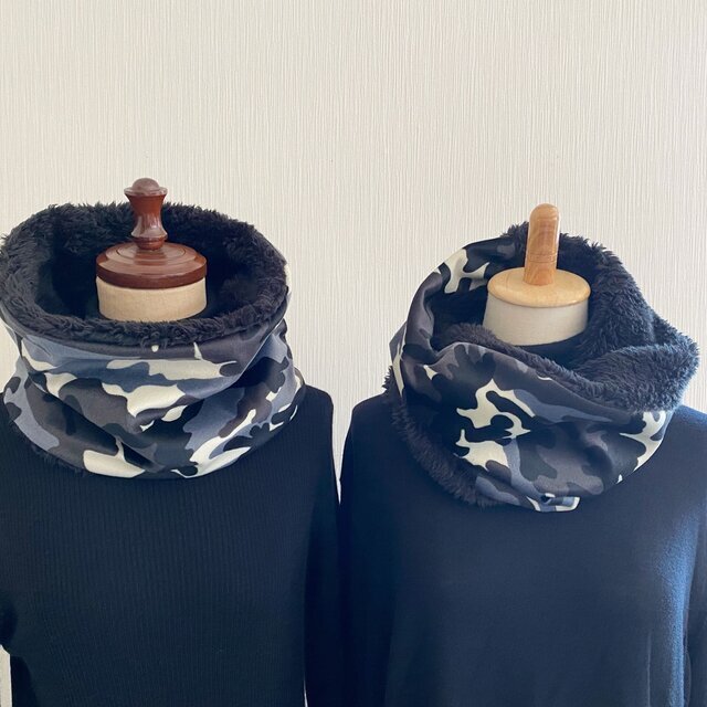 ♡カモフラ柄のペアスヌード♡ネックウォーマー♡カップルにおすすめ♡カモフラージュ柄　リバーシブル　黒　プードルファー　ボア