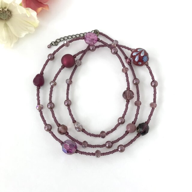 紫 色の ビーズ ロングネックレス パープル 紫陽花 ラベンダー とんぼ