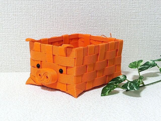 クラフトカゴ 子ブタちゃん 可愛い小物入れ オレンジ みかん色