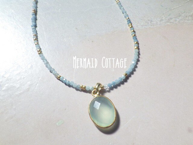 Big Prehnite & Aquamarine Necklace☆プレナイト☆葡萄石☆3WAYの画像1枚目