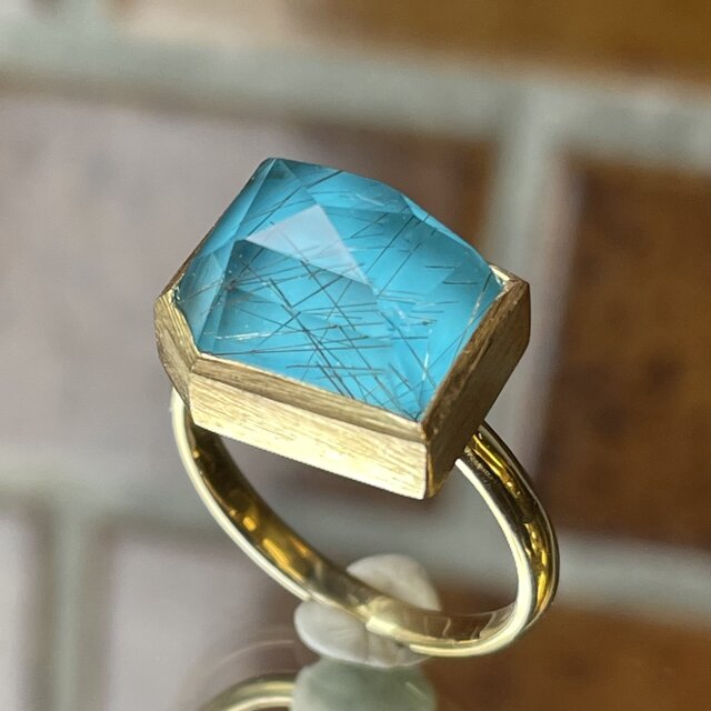 ルチルクォーツ×ターコイズ　変形六角石　ローズカット　シルバーSV925リング