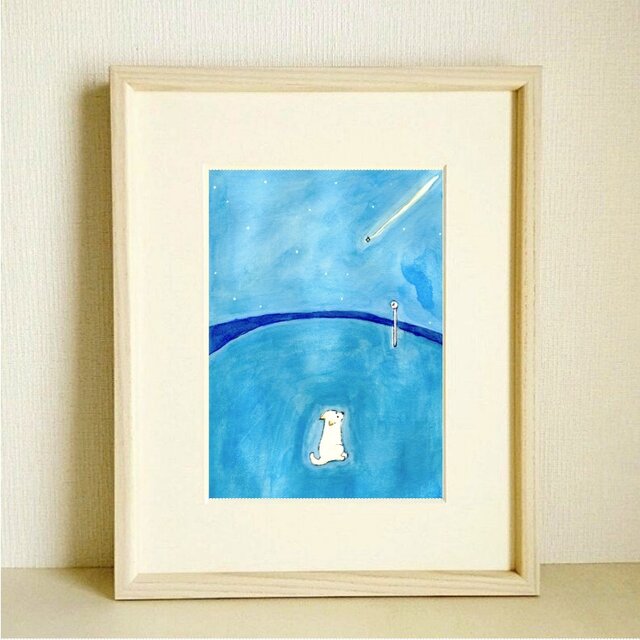 犬の絵｜原画「流れ星」 ※木製額縁入り（インチサイズ）