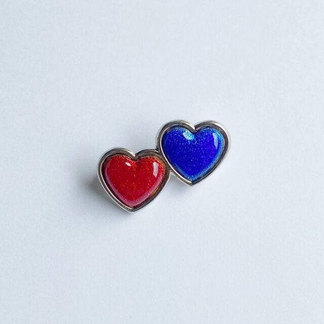 ツインハート 【Blue & Red】 七宝焼のブローチ 純銀胎七宝