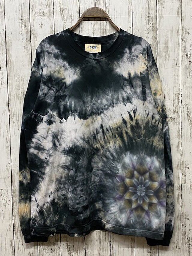 タイダイ染め ビッグシルエット長袖Tシャツ　Mサイズ 　曼荼羅　 ムラ染め ブラック×ベージュ HD15-14