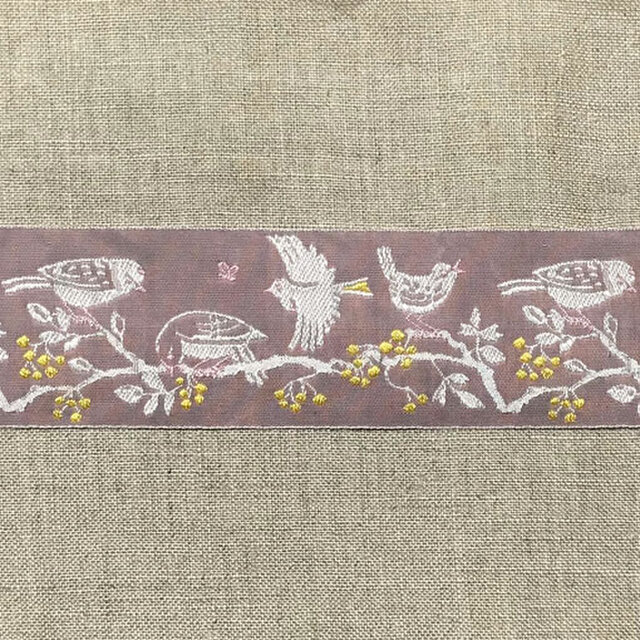 ドイツ ジャカードリボン50cm Kafka 枝の小鳥　ピンク