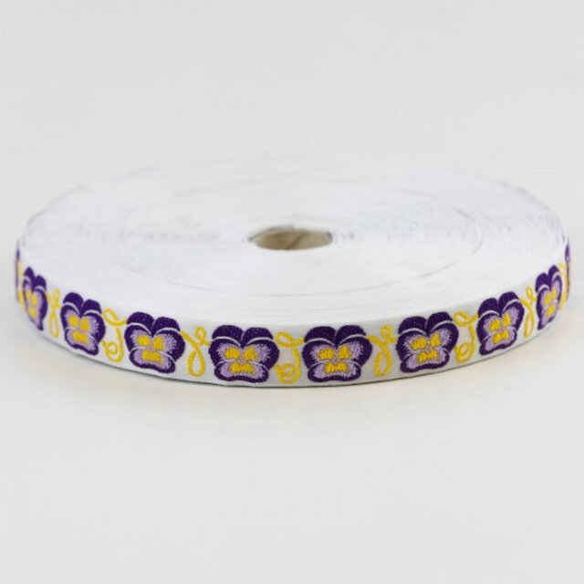 ドイツ Kafka社 ジャカード リボン 50cm パンジー パープルXイエロー 花 フラワー ビオラ ジャガード織り