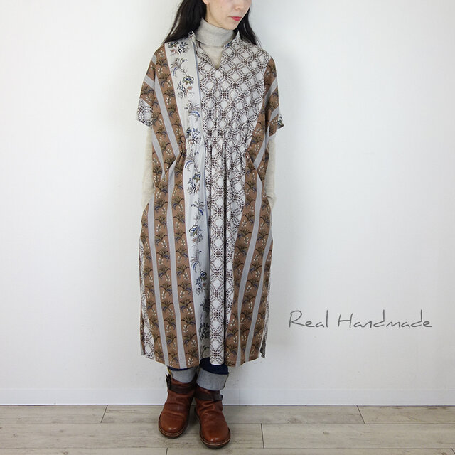 プロヴァンスフロントギャザードロップワンピース　ブラウン