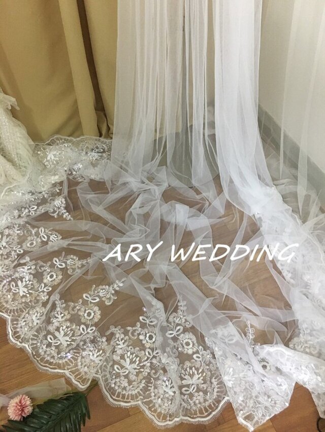 高品質!スパンコールレース ロングベール 花嫁/ウェディングドレス/ブライズメ | iichi ハンドメイド・クラフト作品・手仕事品の通販