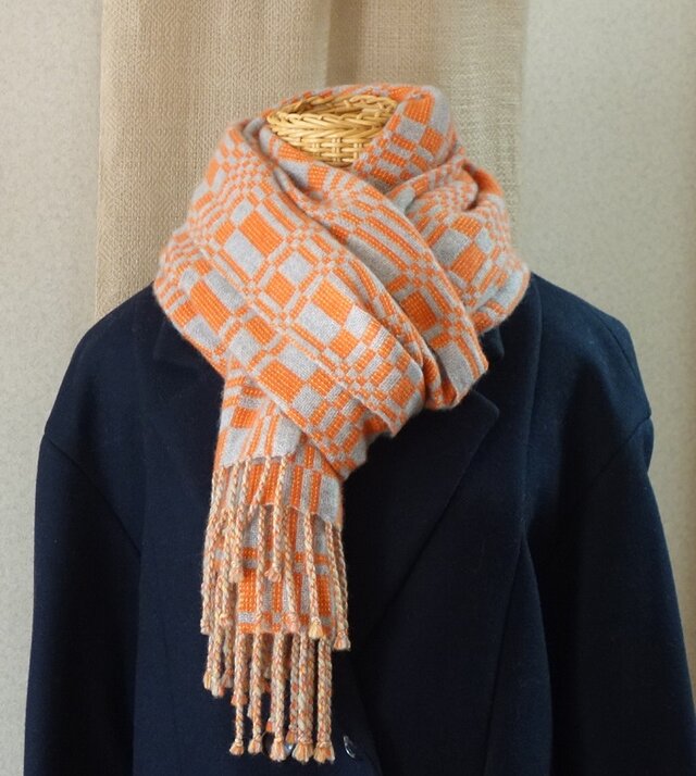 手織りカシミアストール・・オレンジ×グレー