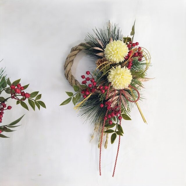 お正月 しめ縄リース (クリーム)ピンポンマム ns624 アーティフィシャルフラワー