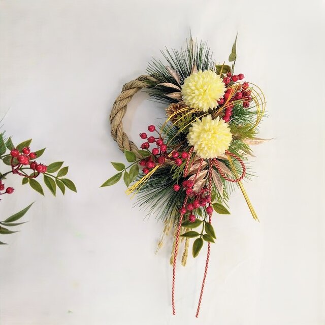 お正月 しめ縄リース (クリーム)ピンポンマム ns624 アーティ