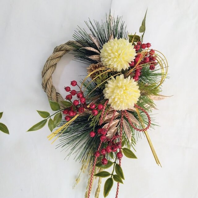 お正月 しめ縄リース (クリーム)ピンポンマム ns624 アーティ