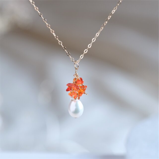 fire opal necklace：ファイヤーオパール×淡水パールネックレス