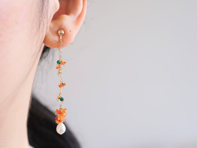 fire opal earring：ファイヤーオパール ロングチェーンピアス