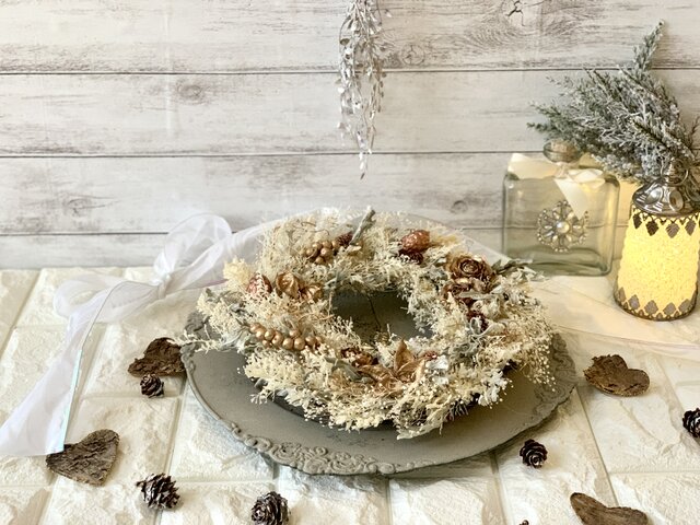 ホワイトゴールドクリスマスリース クリスマス 玄関 壁飾り インテリア