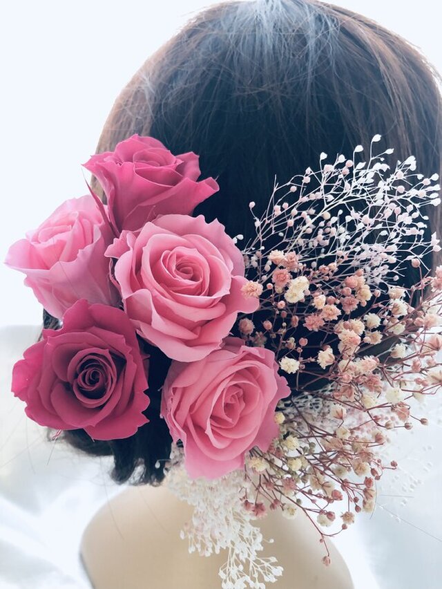 ヘッドドレス 髪飾りプリザーブドフラワー ウェディング 前撮り和装 ピンクの薔薇 Iichi ハンドメイド クラフト作品 手仕事品の通販